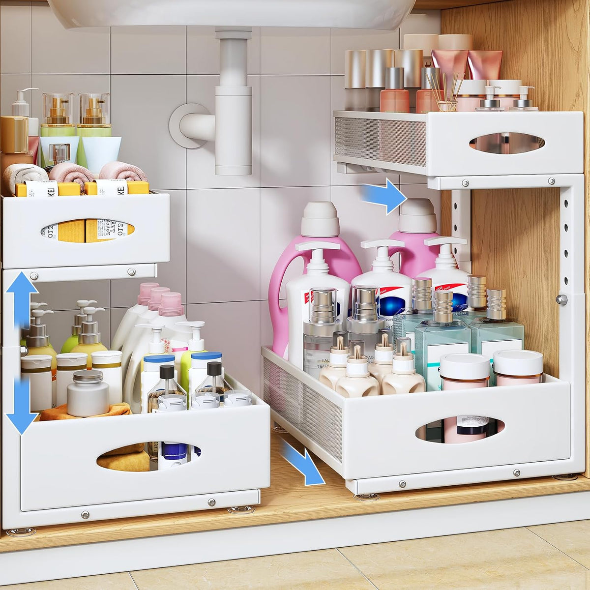Under Sink Organizer, 2 Tier Pull Out Under Cabinet Organizer Shelf with Pad for Framed Cabinets, Metal Slide Out Under Sink Storage, Mesh Sliding Drawers for Kitchen Bathroom Laundry(White, 1 Pack) - Field & Nook