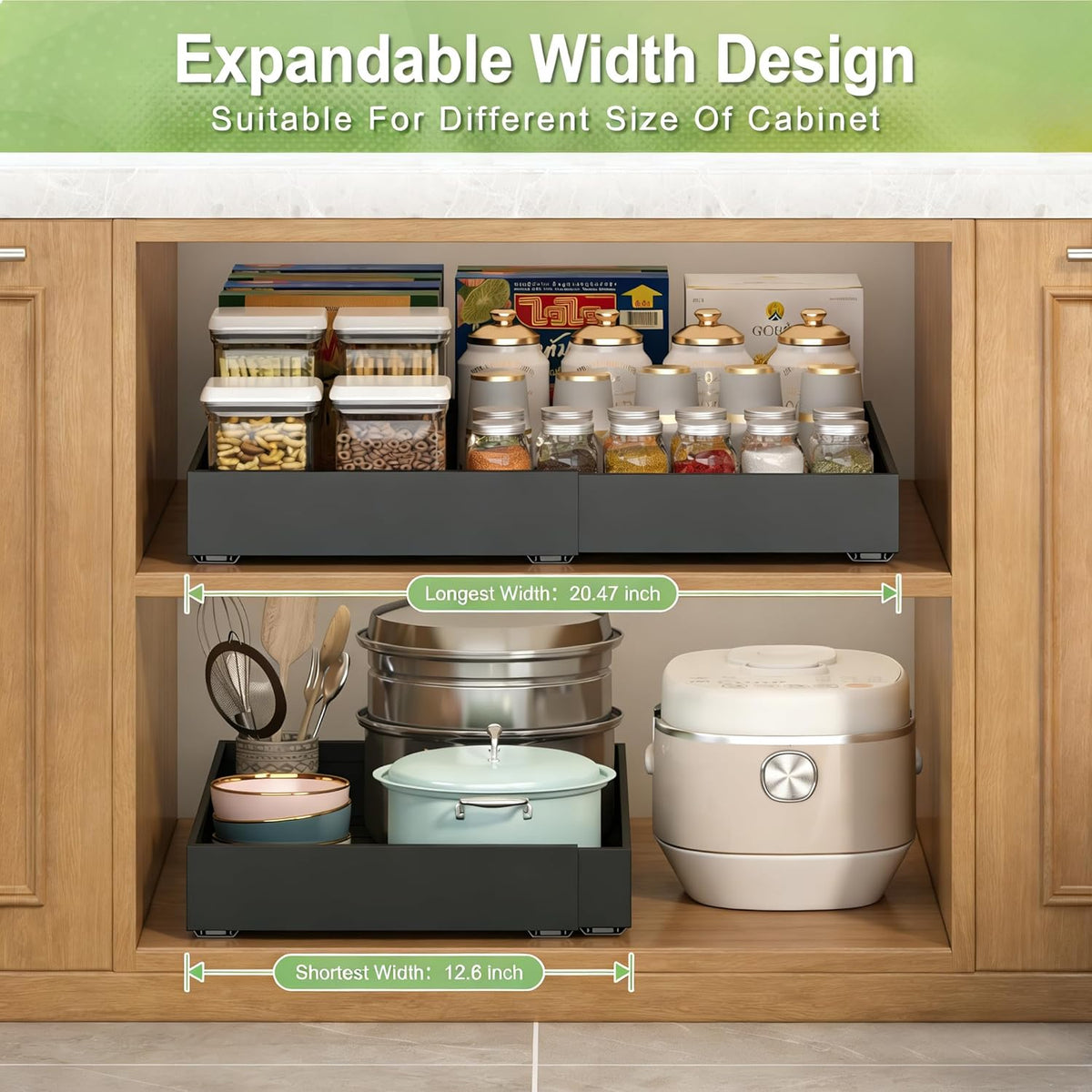 2-Pack-Expandable-Pull-Out-Cabinet-Organizers, No Drill Slide Out Drawers | Adjustable Pull Out Shelf With Raising Pad For Kitchen Framed Cabinet, Heavy Duty Sliding Roll Out Drawers Inside Cabinet - Field & Nook