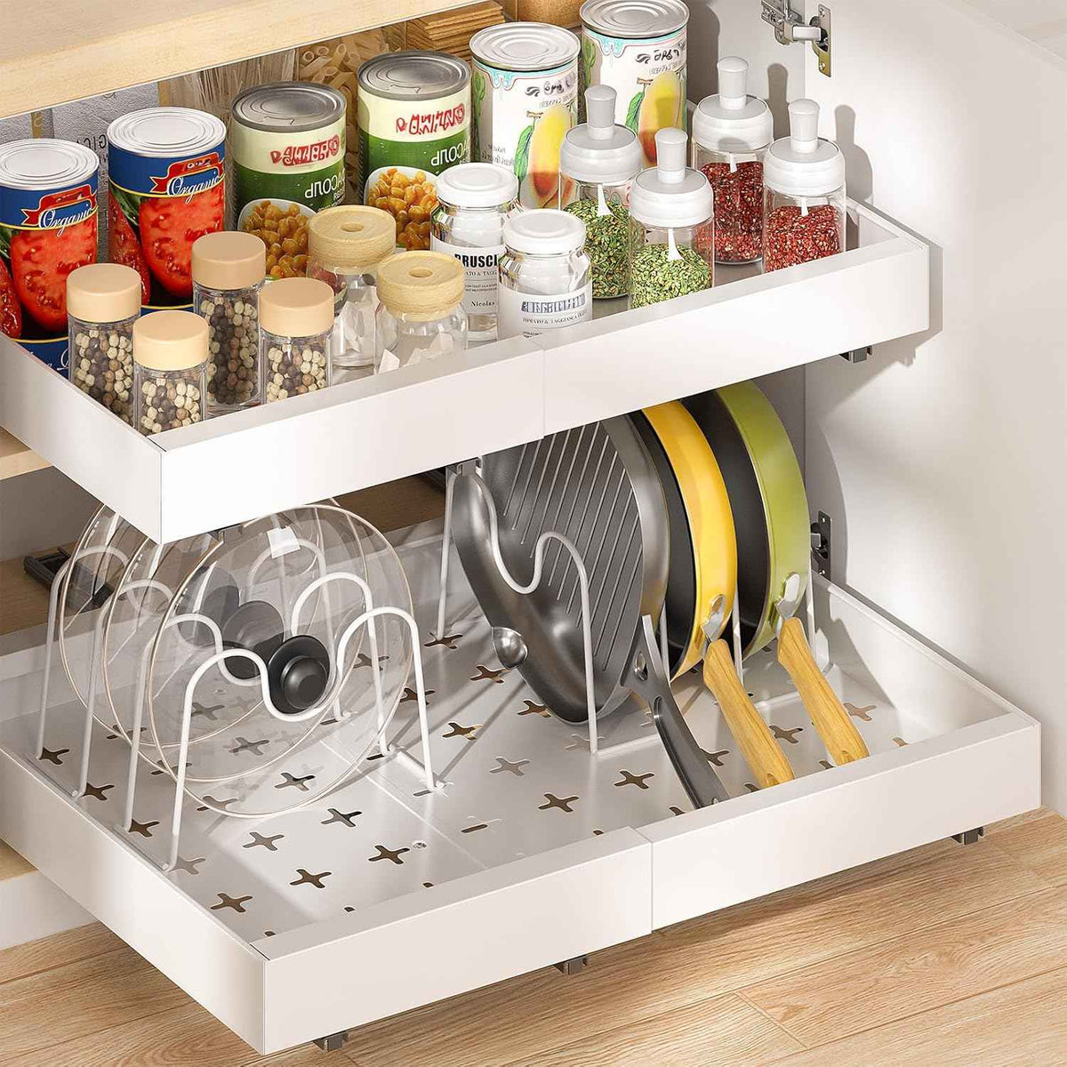 Delamu 2 Pack Pull Out Cabinet Organizer, 16" Deep, White