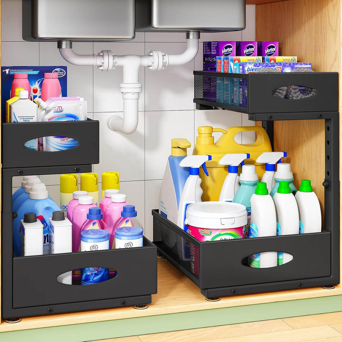Under Sink Organizer, 2-Pack Pull Out Cabinet Organizer 2 Tier Metal Slide Out Storage Shelf Rack, L-Shaped Adjustable Height,Mesh Sliding Drawer for Kitchen, Bathroom, Laundry, Pantry, Black, XL - Field & Nook