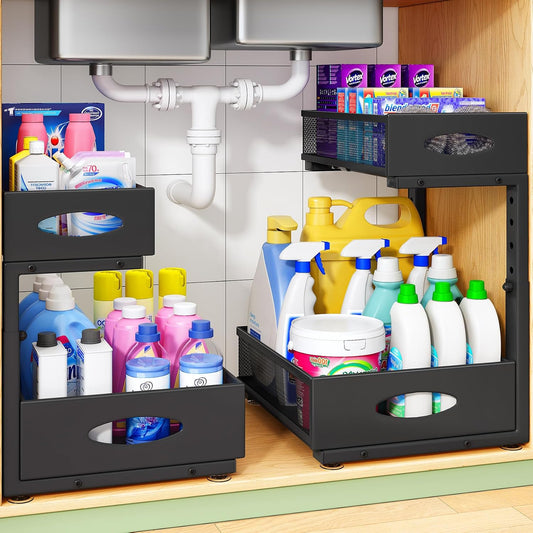 Under Sink Organizer, 2-Pack Pull Out Cabinet Organizer 2 Tier Metal Slide Out Storage Shelf Rack, L-Shaped Adjustable Height,Mesh Sliding Drawer for Kitchen, Bathroom, Laundry, Pantry, Black, XL - Field & Nook