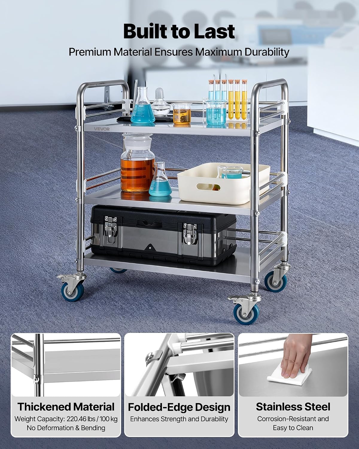 VEVOR Stainless Steel Rolling Cart, 3-Tier Metal Utility Cart with Lockable Wheels, Medical Serving Trolley Clinic Tray, Mobile Service Cart for Hospital, Lab, Restaurant, Kitchen, Salon - Field & Nook