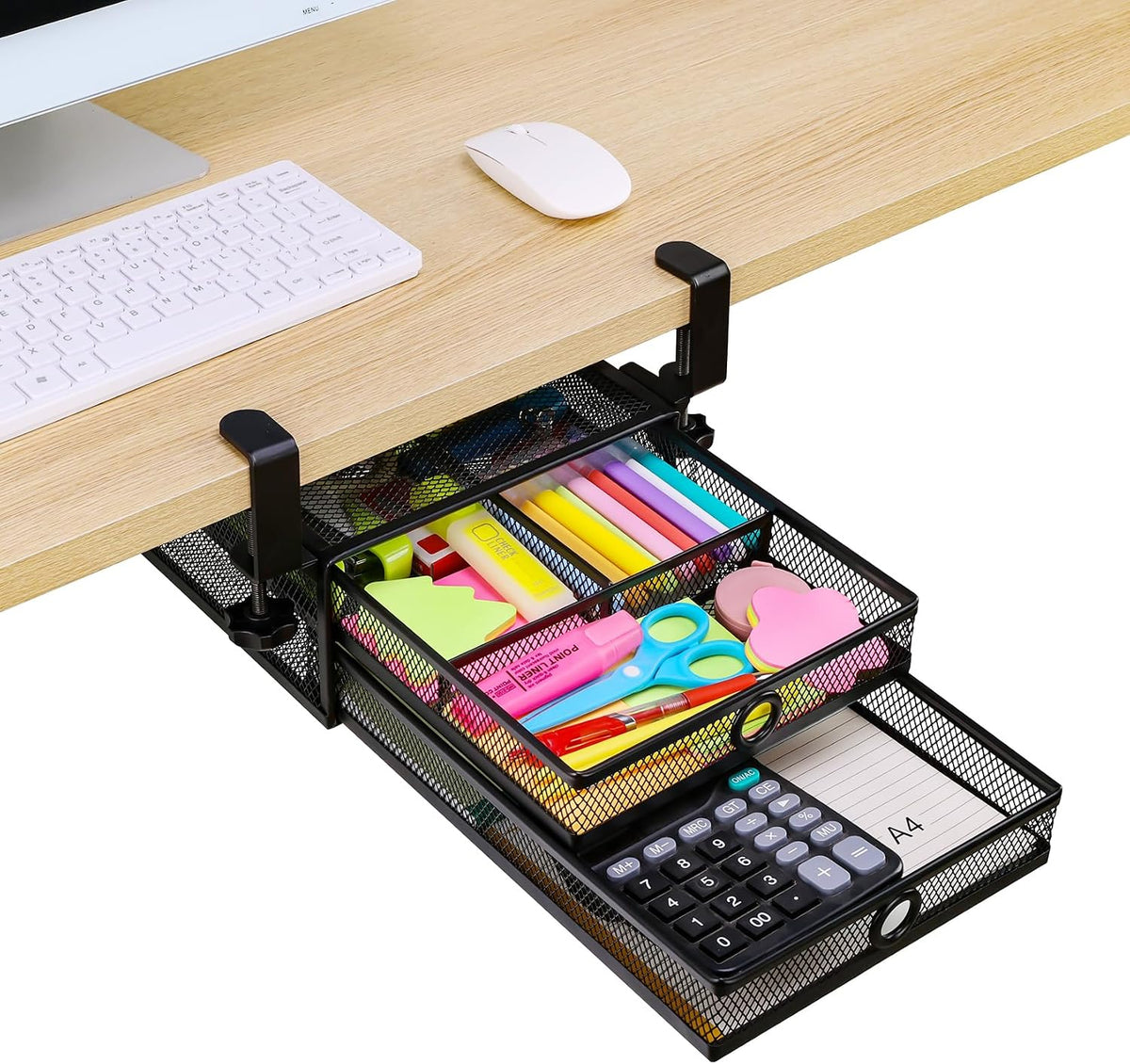 ROSYLINE Under Desk & Desktop Drawer Organizer, 2-Tier Big Capacity | Steel Construction, Clip-On No Drill Installation, Fits A4 Paper, for Office & Household Supplies - Field & Nook
