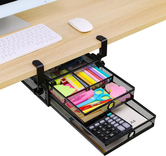 ROSYLINE Under Desk & Desktop Drawer Organizer, 2-Tier Big Capacity | Steel Construction, Clip-On No Drill Installation, Fits A4 Paper, for Office & Household Supplies - Field & Nook