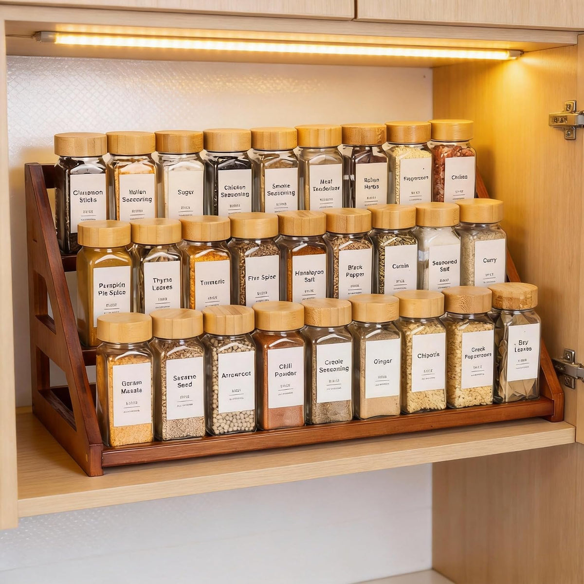 Bamboo 3 Tier Spice Rack,Spice Organizer for Cabinet/Countertop | Solve the messy spice bottles on the kitchen countertop and cabinets, make neat and orderly, clear at a glance - Field & Nook