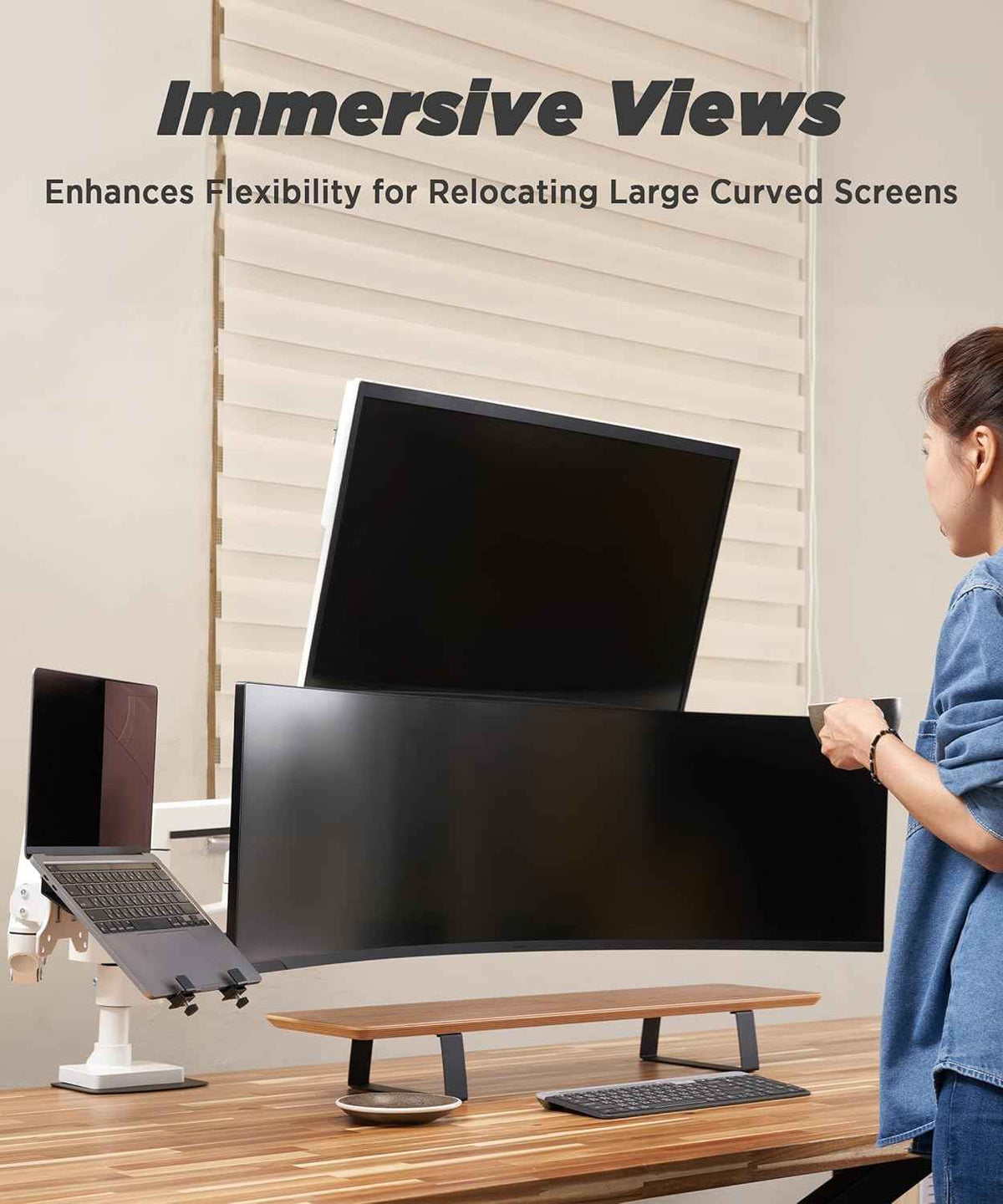 ULTRARM Heavy Duty Monitor Arm for Ultrawide Curved Monitors Modular Design | Max 57", 44 lb, 900R Screens, VESA 100x100, Upgradable, Pneumatic Height Adjustable, C-clamp & Grommet Mount, White, MA20PW-S