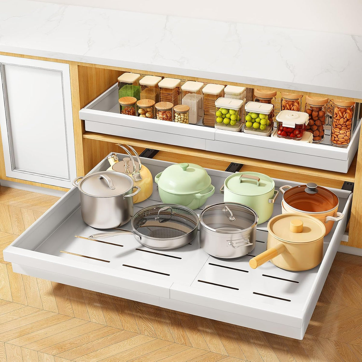 Pull out Cabinet Organizer, 1-Pack Expandable(13.6"-24") Silde out Drawers with Raising Pad for Framed Cabinets, Adjustable Full-Extension Adhesive Roll out Shelves for Kitchen Pantry Home Pot and Pan - Field & Nook