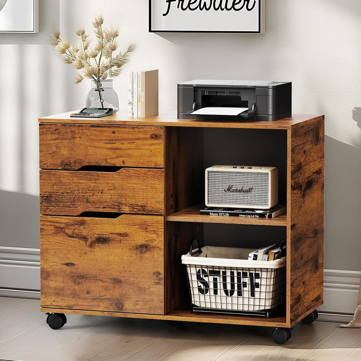 DUMOS File Cabinet with 3 Drawers, Wood Under Desk Storage Printer Stand | Rolling Lateral Filing Cabinet with Adjustable Shelves for Home Office Study Organization,Rustic - Field & Nook