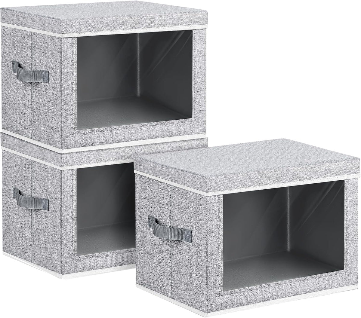 Large Storage Baskets Bins with Lids - Stackable Cube Bins for Closet, 3 Pack Windows Organizer Bins, Home Organizers and Storage for Clothes, CD, Towels, Light Grey - Field & Nook
