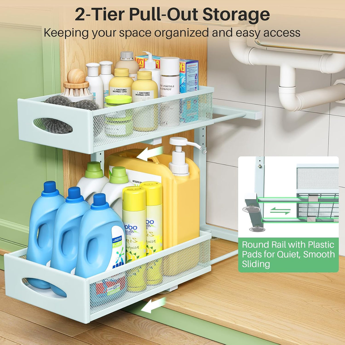 Under Sink Organizer, 2 Tier Pull out Cabinet Organizer Baskets with Mesh Sliding Drawers, Slide out Storage Shelf for Home, Kitchen, Bathroom, Pantry, Office Cabinet(1 Pack, Blue) - Field & Nook