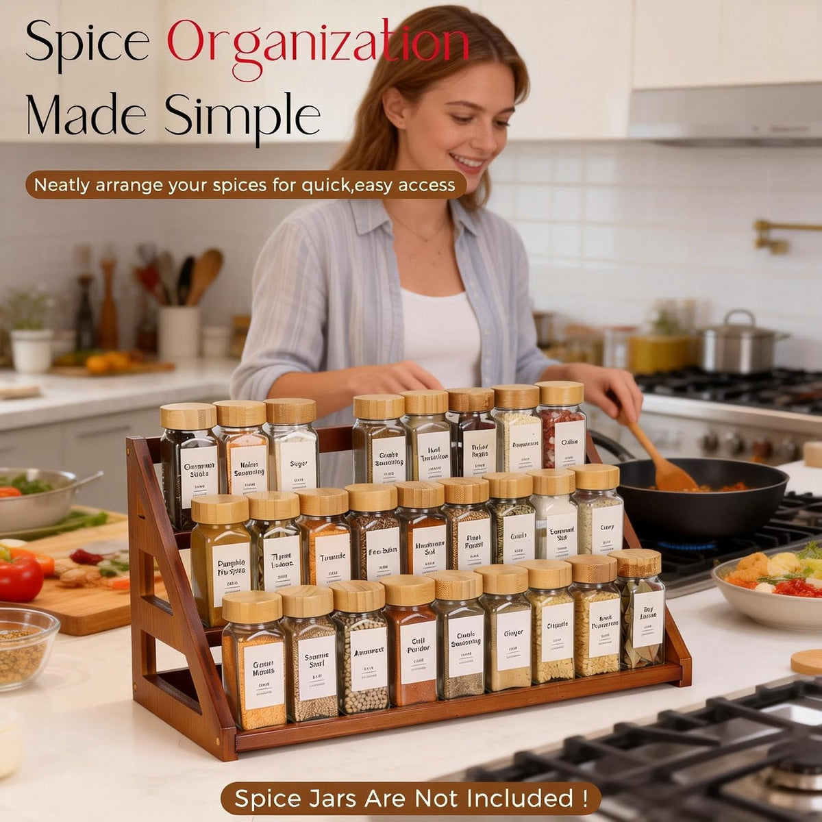 Bamboo 3 Tier Spice Rack,Spice Organizer for Cabinet/Countertop | Solve the messy spice bottles on the kitchen countertop and cabinets, make neat and orderly, clear at a glance - Field & Nook