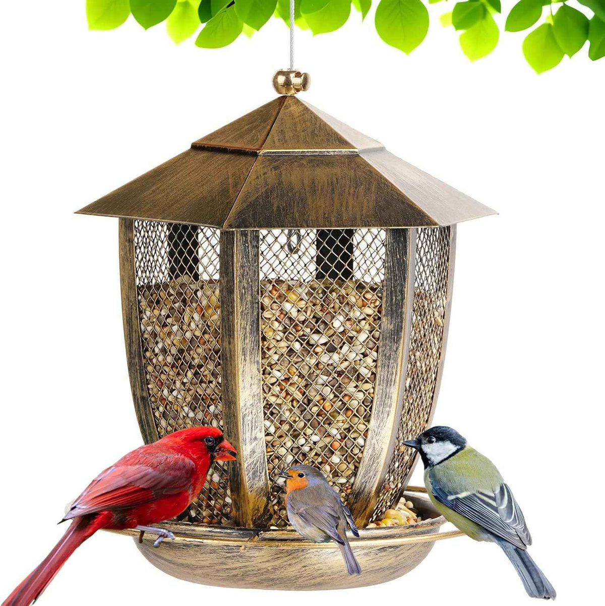 LBTING Bird Feeder for Outside, Hexagon Lantern-Shaped Metal Bird Feeder, Wild Bird Feeders for Hanging Outdoor Garden Yard