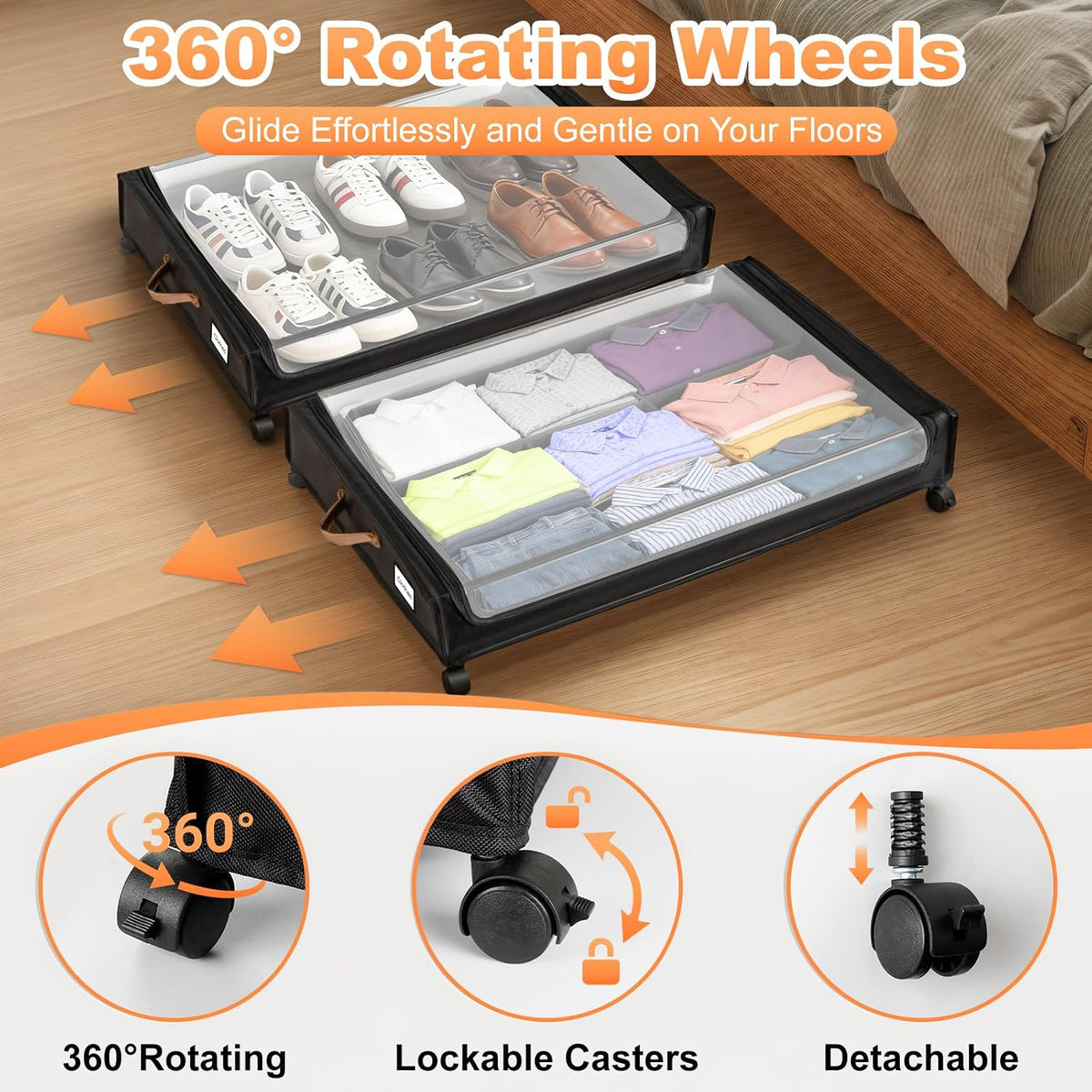 80L Large Under Bed Storage with Wheels, 2-Pack XXL Underbed Shoe Storage | Fit Most Bed, Removable & Locakable Wheels, Sturdy Metal Frame, Clear Lid, Easy Install, for Off-Season Clothes/Blankets - Field & Nook