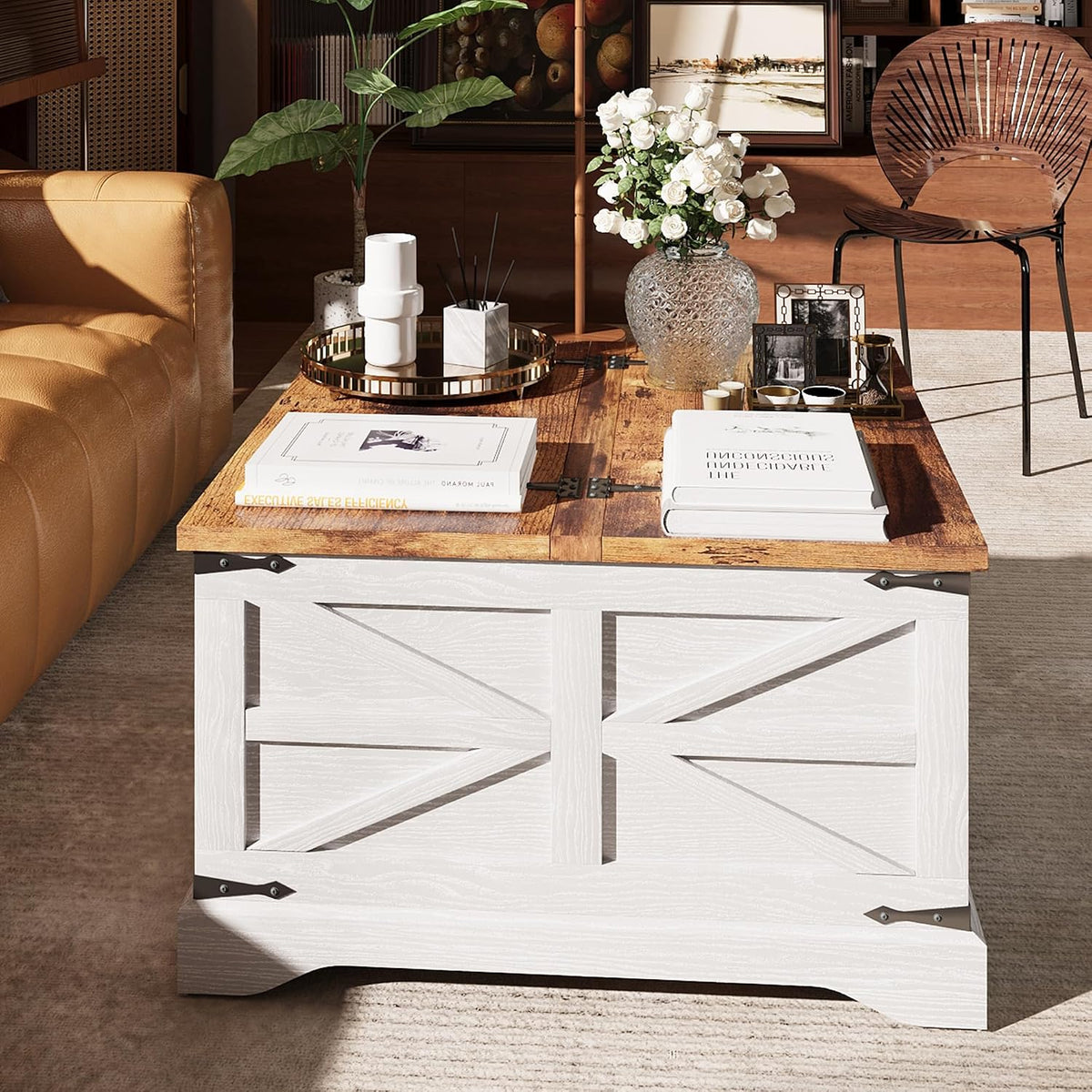MXV Farmhouse Coffee Table with Storage, White