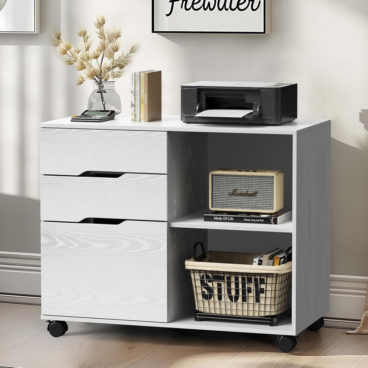 DUMOS File Cabinet with 3 Drawers, Wood Under Desk Storage Printer Stand | Rolling Lateral Filing Cabinet with Adjustable Shelves for Home Office Study Organizatiom, Classic White - Field & Nook