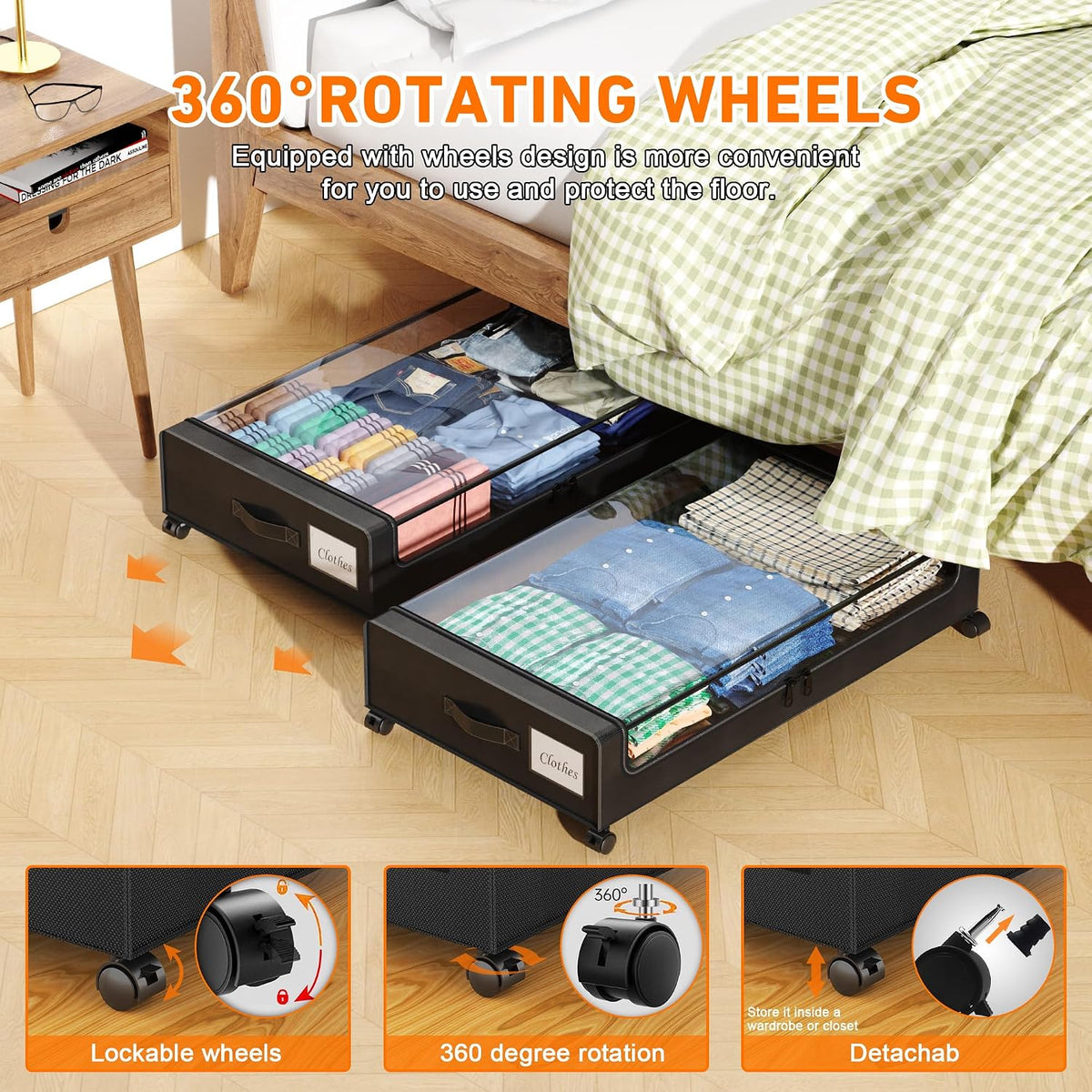 Under Bed Storage with Wheels, 2 Pack Under Bed Storage Containers with Clear Lids, XXL 65L Under Bed Storage Organizer, Rolling Under Bed Metal Drawer for Blanket, Clothes, Shoes (31 x 17 x 6.69 in) - Field & Nook
