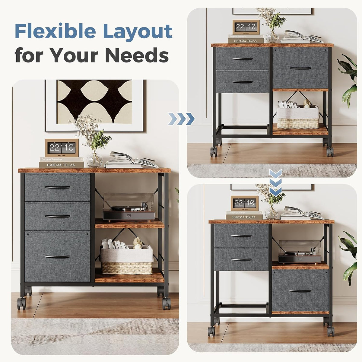 DUMOS 3-Tier Mobile File Cabinet, Rolling Printer Stand with Storage | Fabric Lateral Filing Cabinet fits A4/Letter Size, Under Desk Drawer Cabinet, Printer Cart for Home Office, Gray - Field & Nook