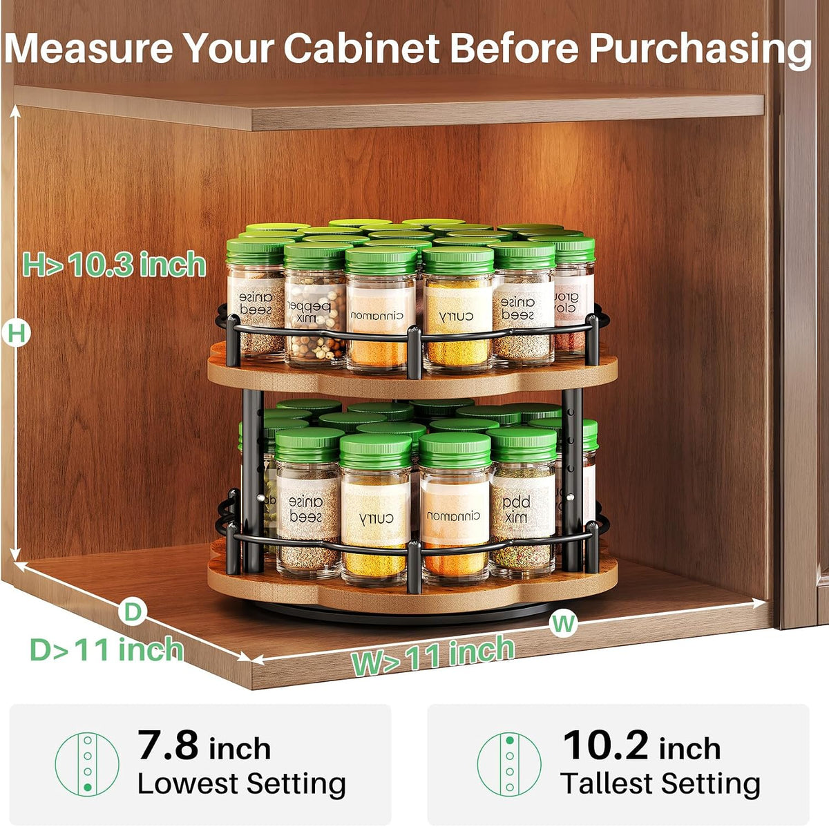 Spice Rack Lazy Susan Organizer for Cabinet, Rotating Spice Organization 2 Tier Adjustable Lazy Susan Turntable Spice Cabinet Organizer for Kitchen Countertop & Pantry, Wood 10 Inch Seasoning Storage - Field & Nook