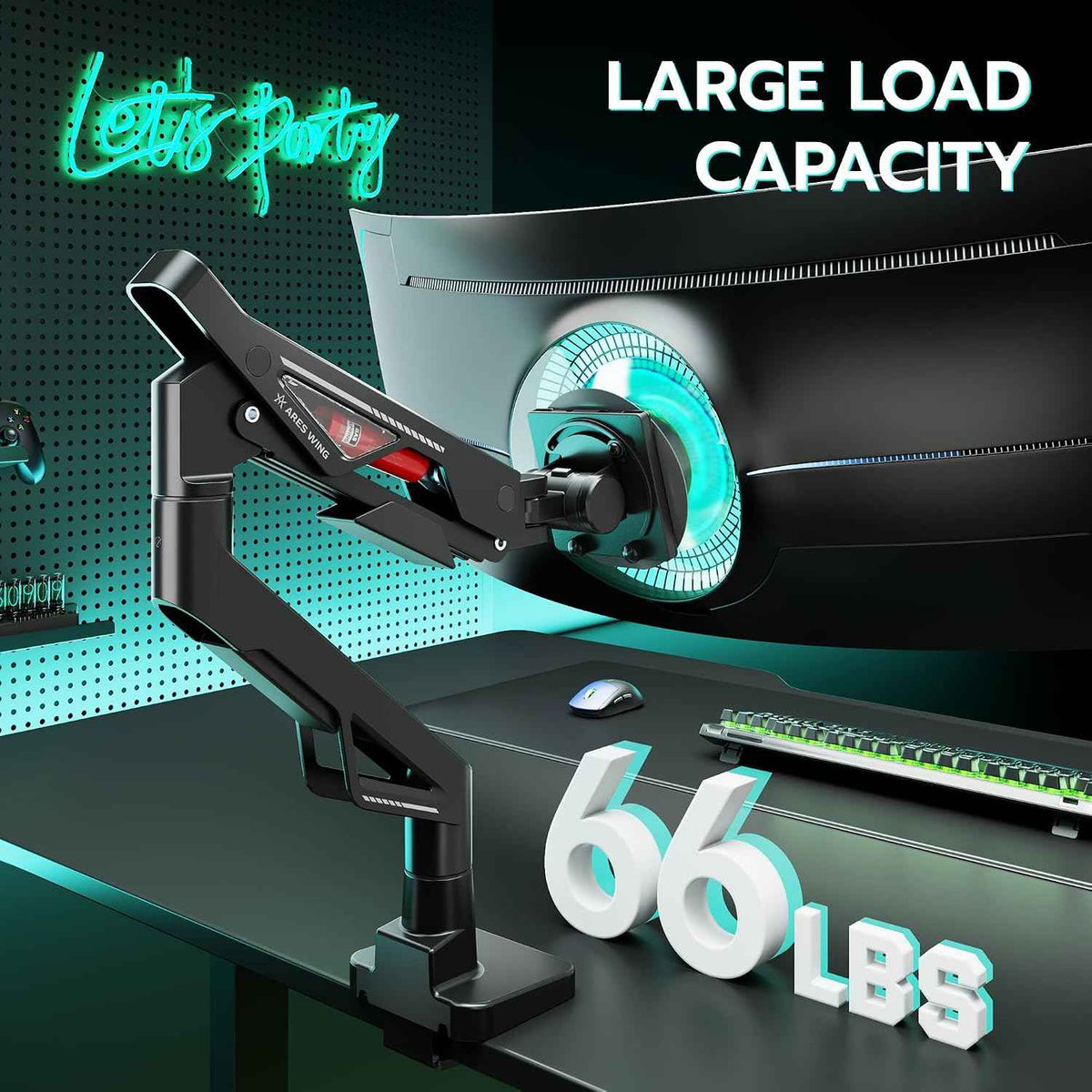 ARES WING Ultrawide Gas Spring Monitor Arm 57"66Lbs VESA Clamp Grommet Base | Height Adjustable & Extendable, Ultrawide Screen Support, Standard VESA Fit, Clamp & Grommet Base, Ideal for Desktop Setup