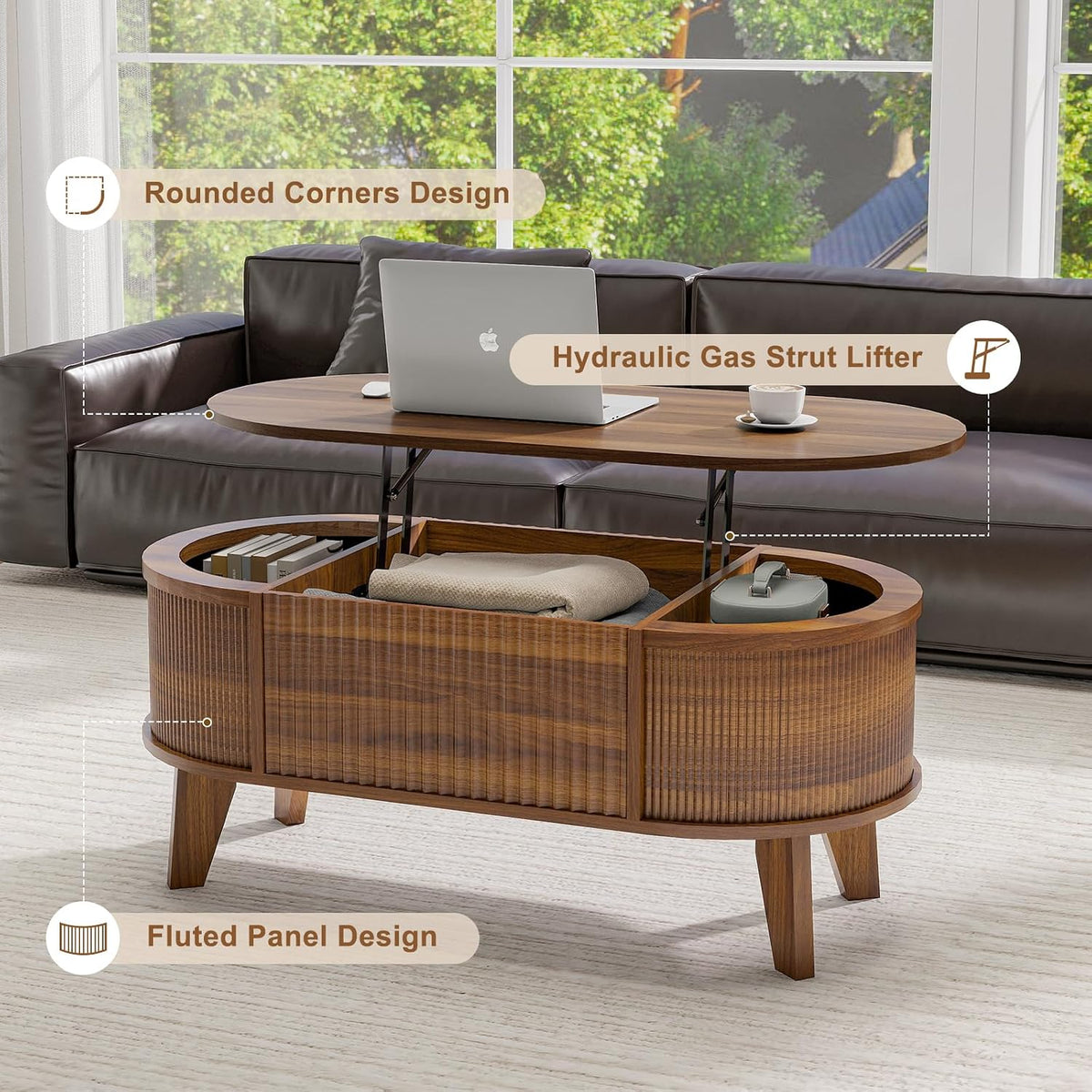 LYNCOHOME Fluted Lift Top Coffee Table, Walnut