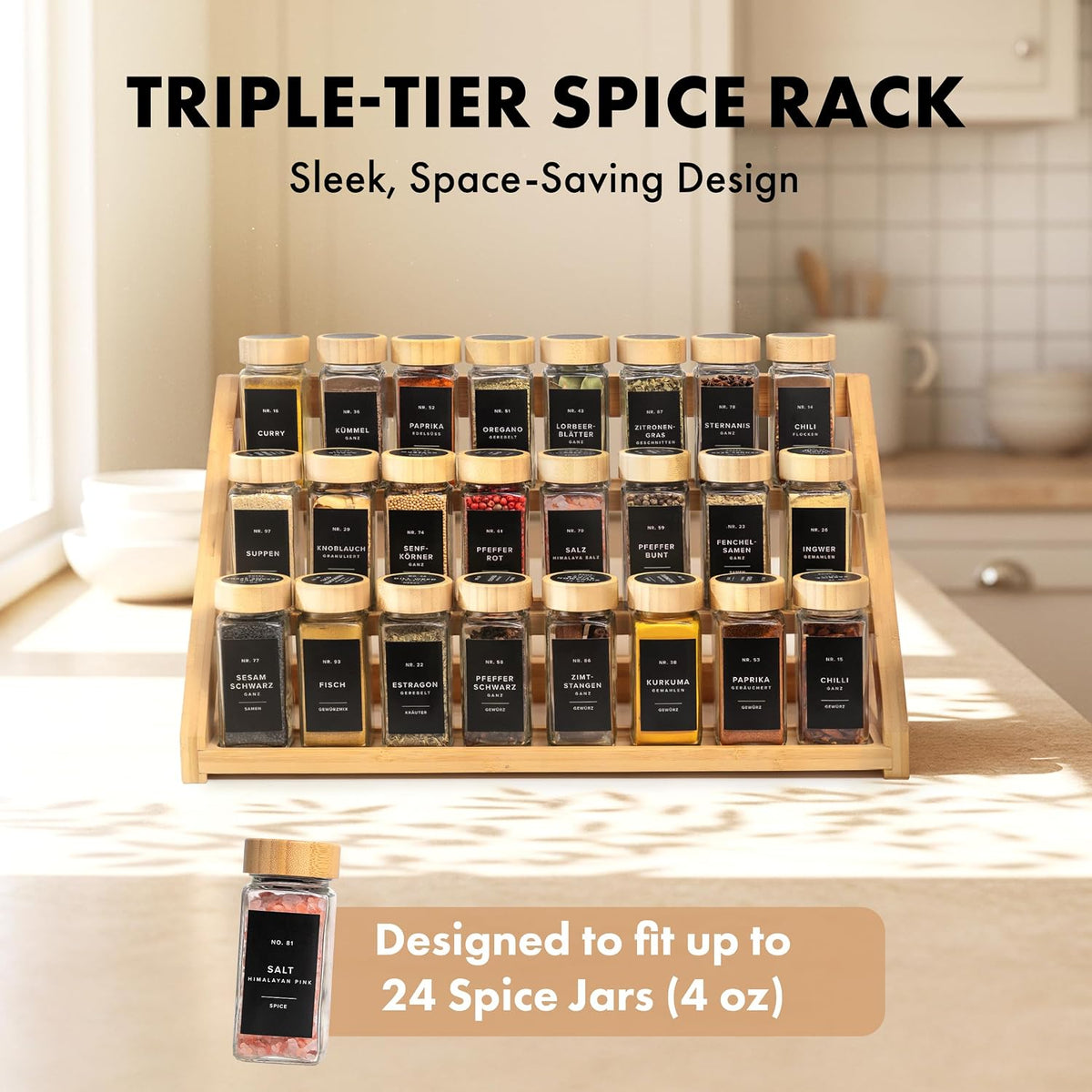 3 Tier Bamboo Spice Rack Organizer for Cabinet – Fits 24 Spice Jars, 17.5” Wide Countertop & Cabinet Organizer for Kitchen Organization, Seasoning Organizer Shelf (Jars Not Included) - Field & Nook