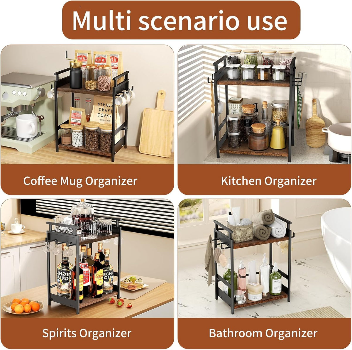 KLM 2 Tier Coffee Bar Organizer for Home Office, Spice Rack for Countertop, Kitchen Counter Storage Shelf with Hanging Basket, Coffee and Tea Condiment Station Organizer - Field & Nook