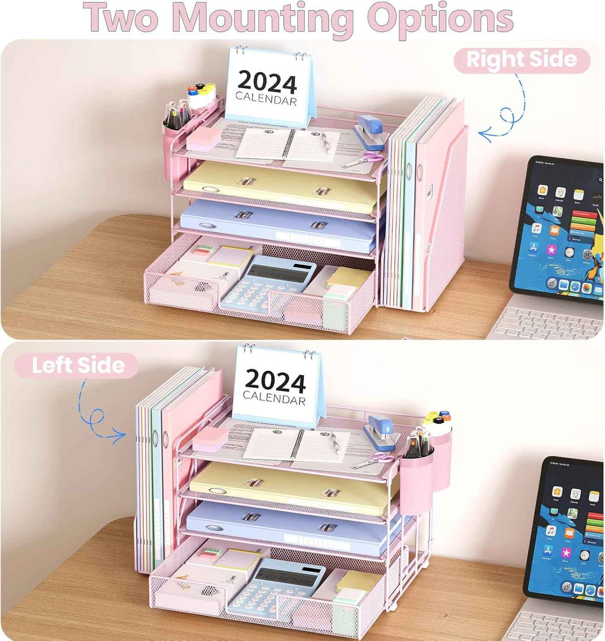 Desk Organizer, 4-Tier Desktop File Organizer with Drawer and Pen Holders, Office Desk Accessories, File Sorters, Workspace Organizers for Office Supplies(Pink)