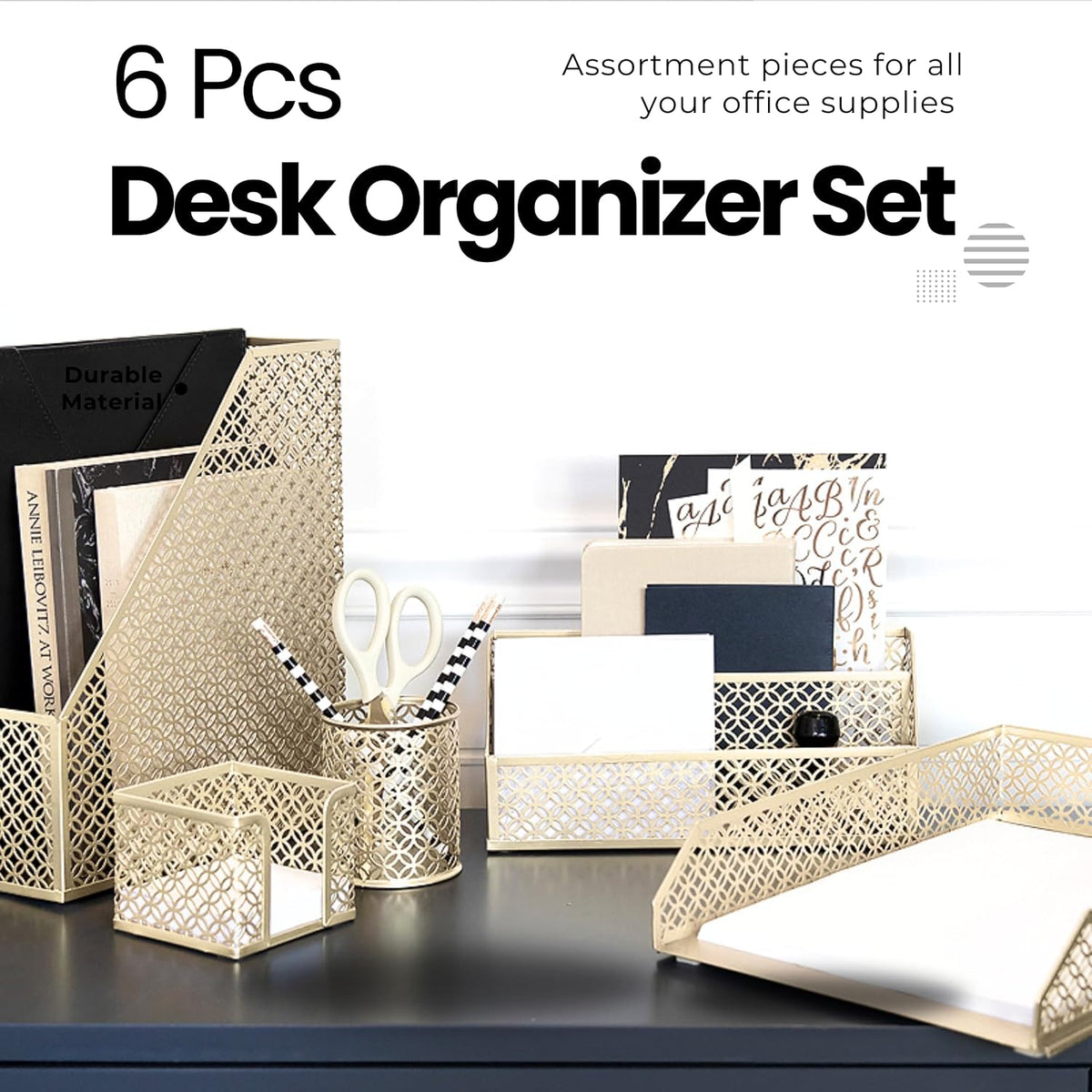 BLU MONACO | Gold Desk Organizer Set with Mail Sorter, Sticky Note Holder, Pen Cup, Magazine Holder, Letter Tray & Business Card Holder | Stylish Desk Accessories for Women & Home Office Décor - Field & Nook