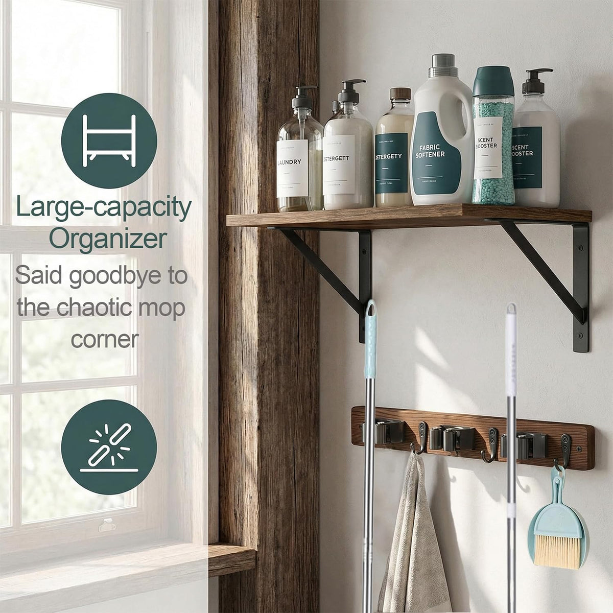 Broom and Mop Organizer Wall Hanging with Cleaning Supplies Organizer Shelf - Field & Nook