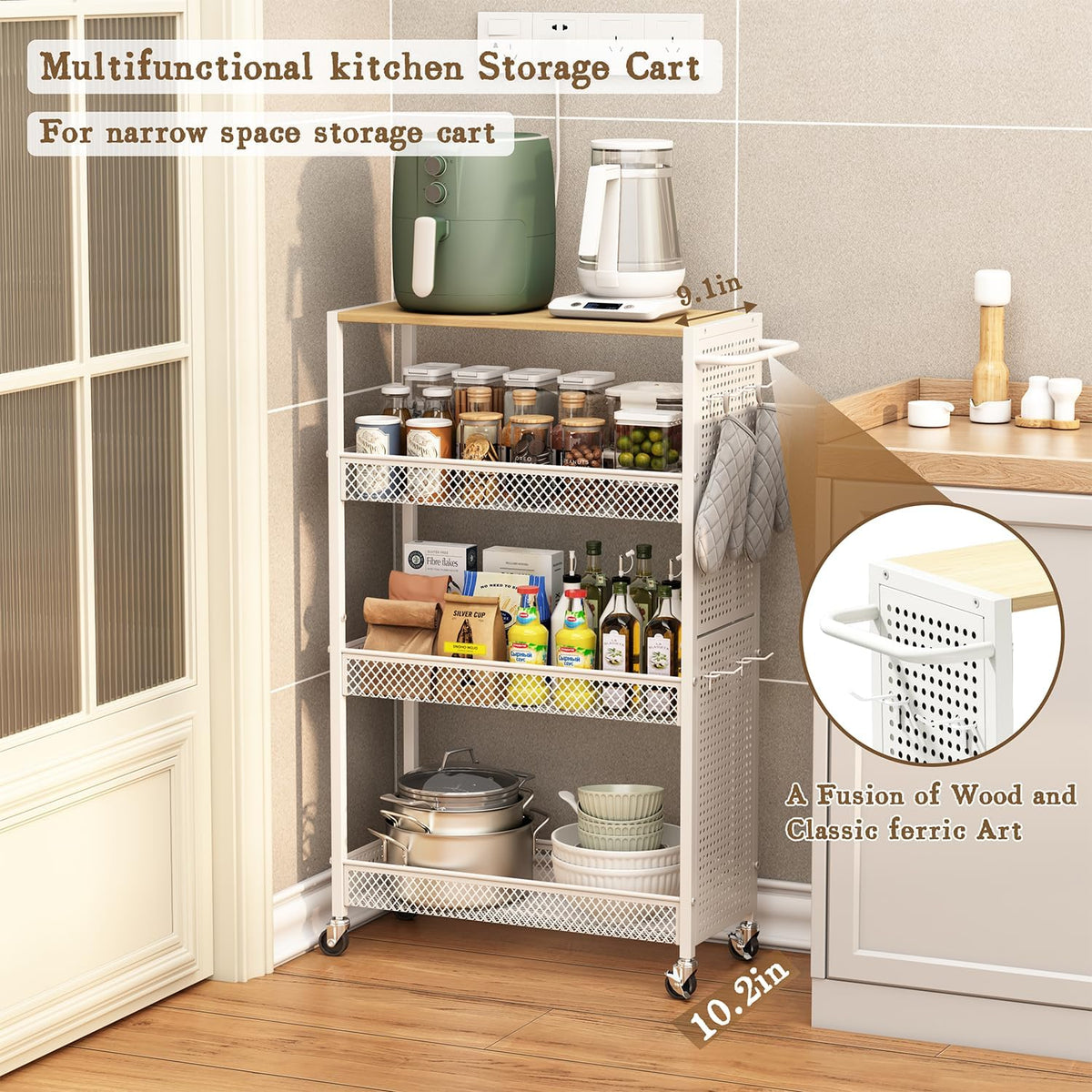 Slim Wood-Top Rolling Laundry Storage Cart - Field & Nook