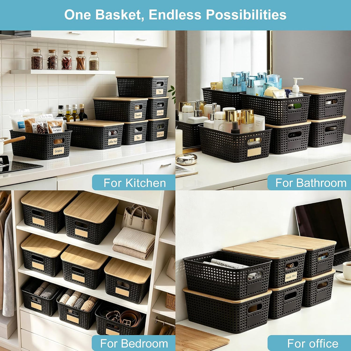 Small Plastic Storage Bins with Bamboo Lids 5.2qt Stackable Box Basket Pantry Decorative Containers Cute with Lable for Organizing Desktop Closet Office Black of 6 packs 10 * 7.2 * 4.1" - Field & Nook