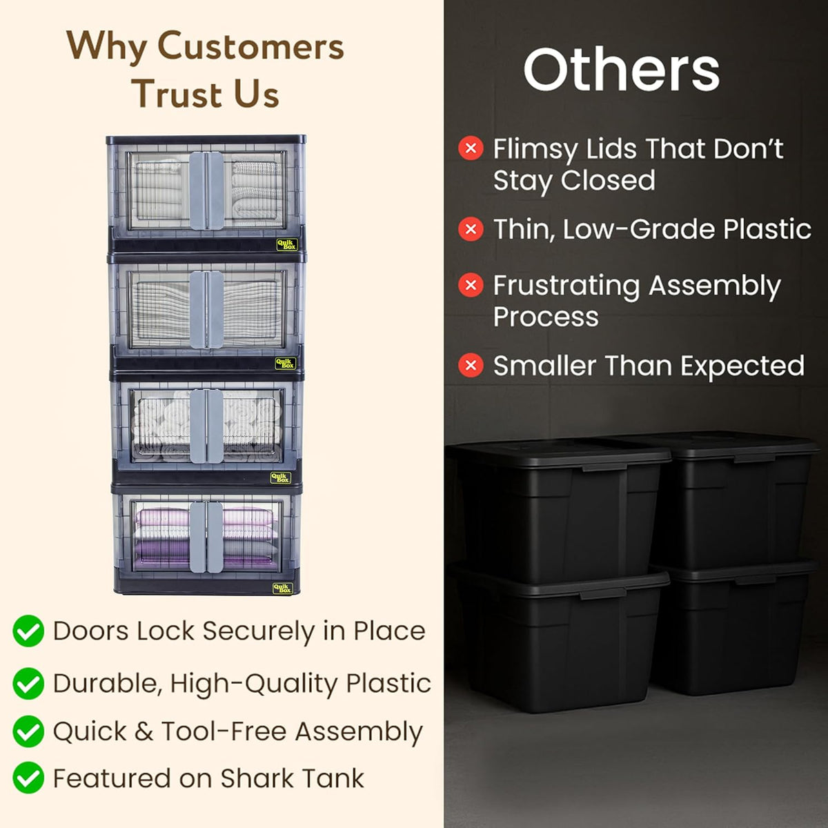 Quik Box - 8.5 Gallon 3-Pack Stackable Storage Bins with Doors & Wheels - Collapsible Organizer for Dorms, Bedroom & Home - Durable Polystyrene - Black - Field & Nook