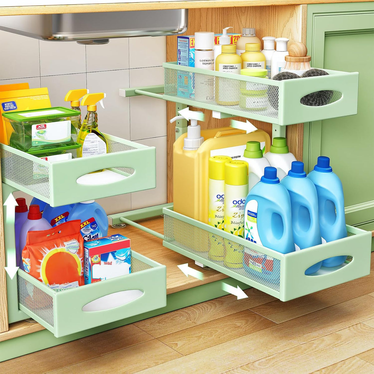 2 Pack Under Sink Organizer, 2 Tier Pull out Cabinet Organizer Mesh Baskets with 5 Adjustable Heights, Sliding Drawers Storage Shelf for Home, Kitchen, Bathroom, Pantry, Office, Countertop ,Green - Field & Nook