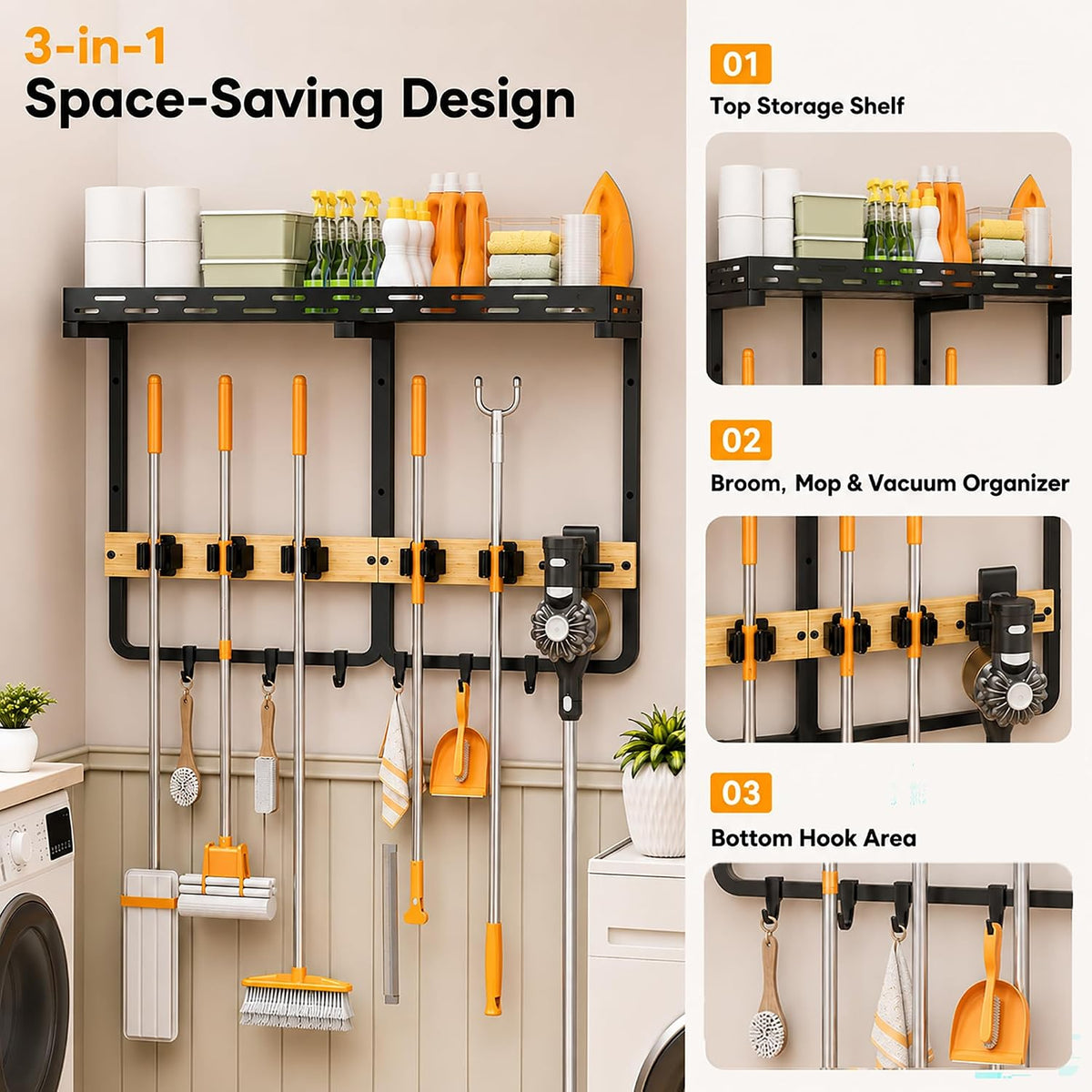 Large Broom Mop Holder Wall Mount with Shelf,5 Grips,6 Hooks,Vacuum Hook | 3-in-1 Cleaning Supplies Organizer,Broom Organizer,Top Shelf with Railing,Storage Rack for Laundry Utility Garages Kitchens, - Field & Nook