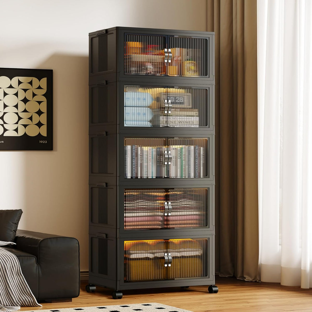 SAILUN 580Qt Stackable Storage Bins,Storage Cabinet with a Lid,5 Pack Black | Stackable Storage Drawers with Lids,26" W x 17" D x 71" H,Featuring open-front Access for Clothes and Closet Storage - Field & Nook