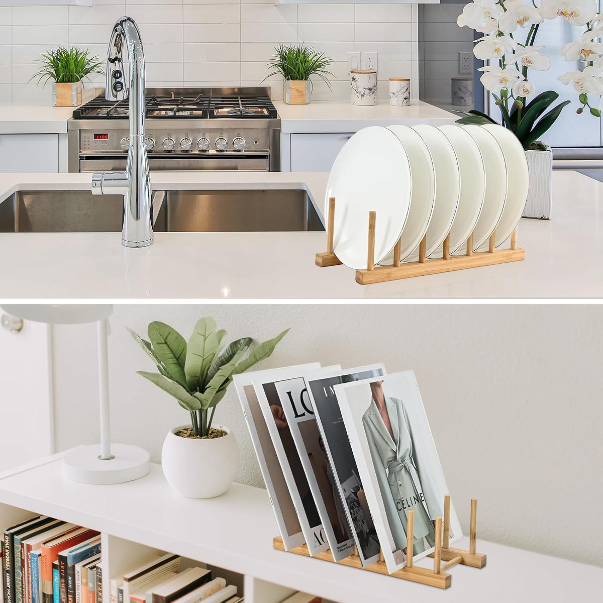 INNERNEED Bamboo Dish Rack, Vertical Plate and Lid Organizer