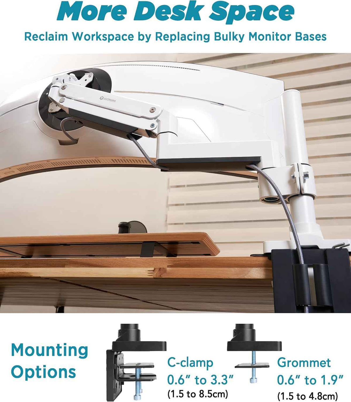 ULTRARM Heavy Duty Monitor Arm for Ultrawide Curved Monitors Modular Design | Max 57", 44 lb, 900R Screens, VESA 100x100, Upgradable, Pneumatic Height Adjustable, C-clamp & Grommet Mount, White, MA20PW-S
