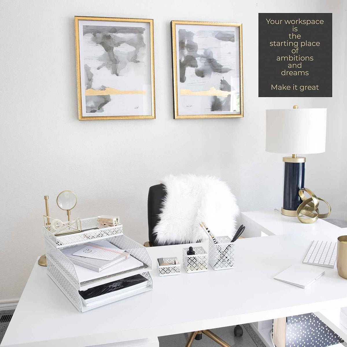 BLU MONACO | White Desk Organizer Set | 6 Piece Metal Desk Organizer with Pen Cup, Accessory Trays, and Letter Trays | Desk Organizers and Accessories for Office