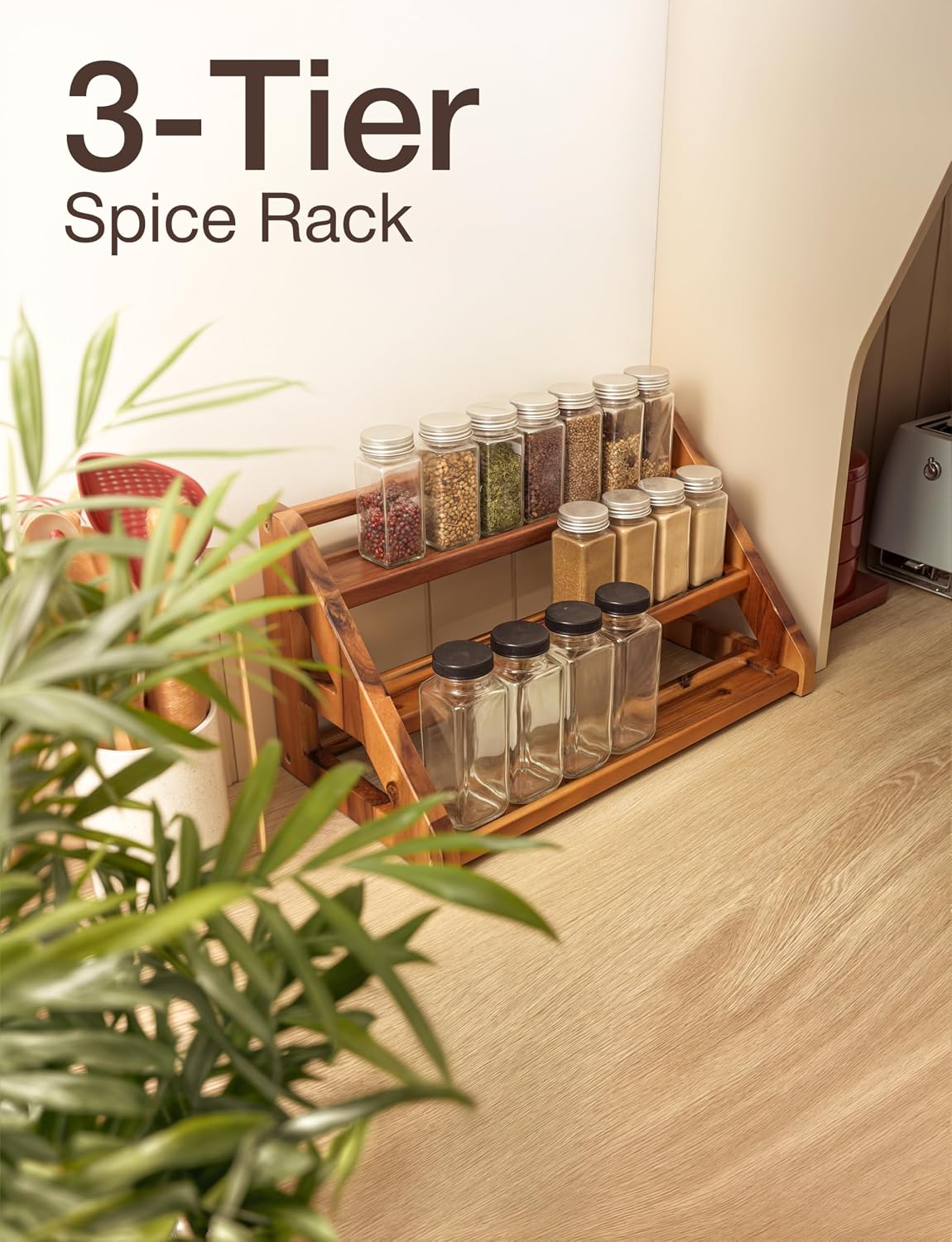 Tinamo Acacia Wood Spice Rack for Countertop - Wooden Tray Holds 24 Jars Spice Racks Organizer for Storage Shelf - 3 Tiered Spice Rack Organizer for Cabinet - Spice Shelf for Kitchen Pantry (Acacia) | Solid Acacia Wood, 3-tier Spacious Design for 24 Sp... - Field & Nook