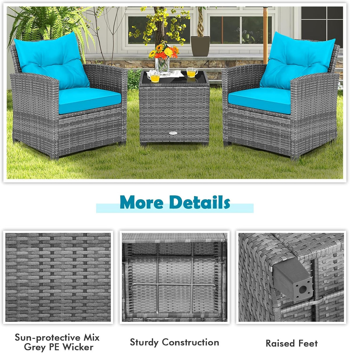 Tangkula 3 Pieces Patio Furniture Set, Outdoor PE Rattan Conversation