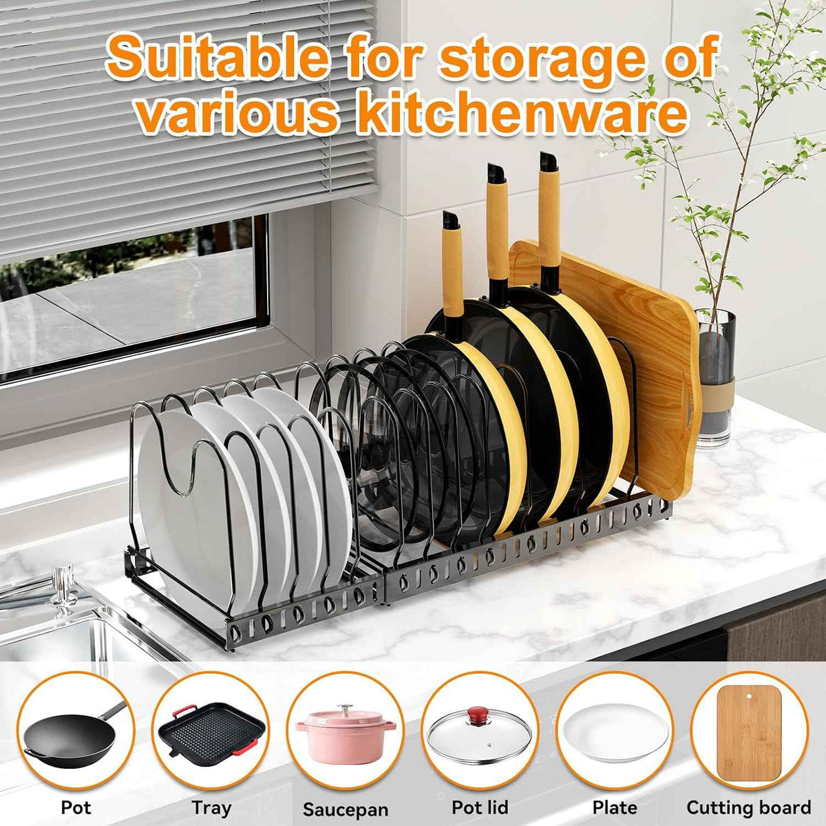 Expandable Pot and Pan Organizer Rack, 12 Compartments