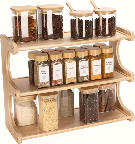 Spice Rack, 3-Tier Bamboo Spice Rack Organizer for Countertops - Kitchen, Pantry and Cupboard Storage Organizer - Field & Nook