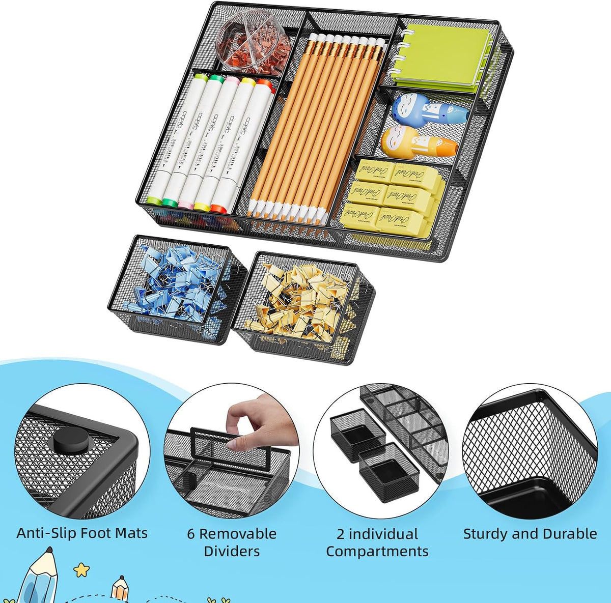 Marbrasse 3 Packs Desk Drawer Organizers, Metal Mesh Dividers Desk Drawer Organizer Tray with 9 Adjustable Compartments, Pen Organizer for Drawer Tray Box Accessories for Desktop,Kitchen, Makeup | Anti-Slip Storage Tray, 9 Adjustable Compartments, Pen ... - Field & Nook