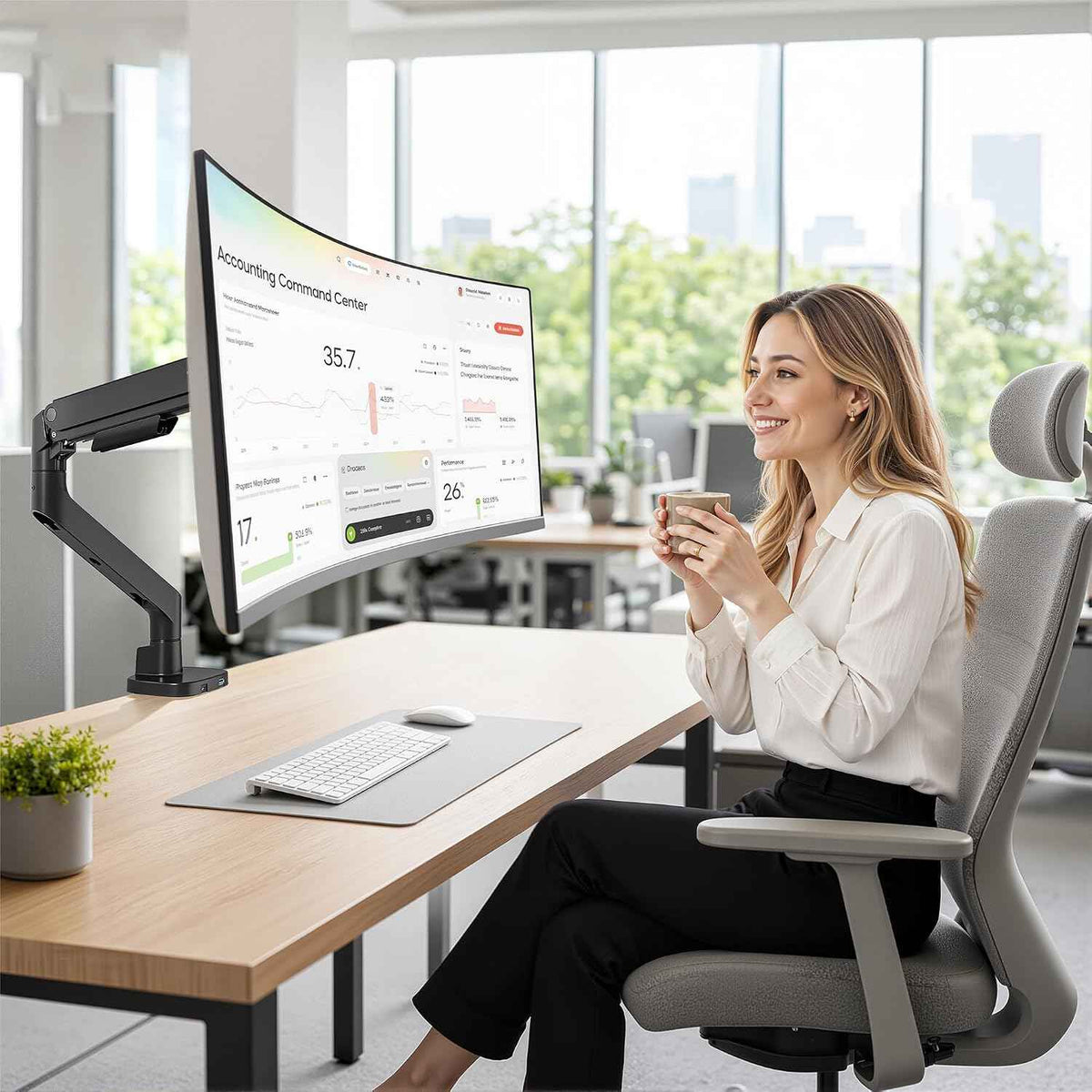 Pegzone Heavy Duty Single Monitor Arm, Gas Spring Monitor Mount for 17-49 Inch Ultrawide Screens with USB, Computer Monitor Stand for Desk with C-Clamp/Grommet Base up to 44 lbs, VESA 75/100mm, Black
