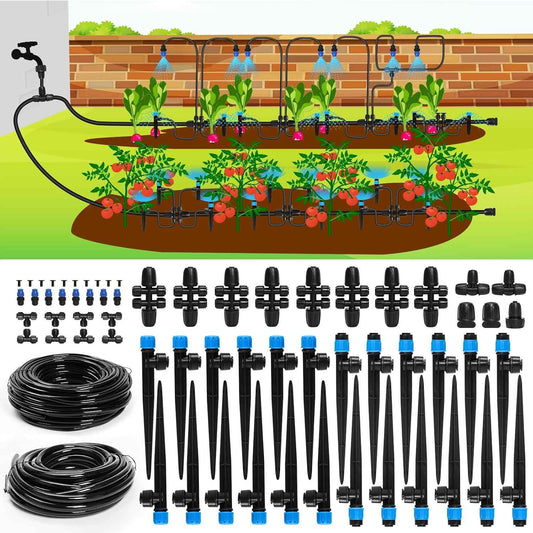 Bonviee Drip Irrigation System, 230FT Garden Watering System with Quick-to-Connect Fittings, Adjustable Drip Emitters, 1/4” & 5/16” Tubing, Drip Irrigation Kit for Raised Garden Beds, Greenhouse, Lawn