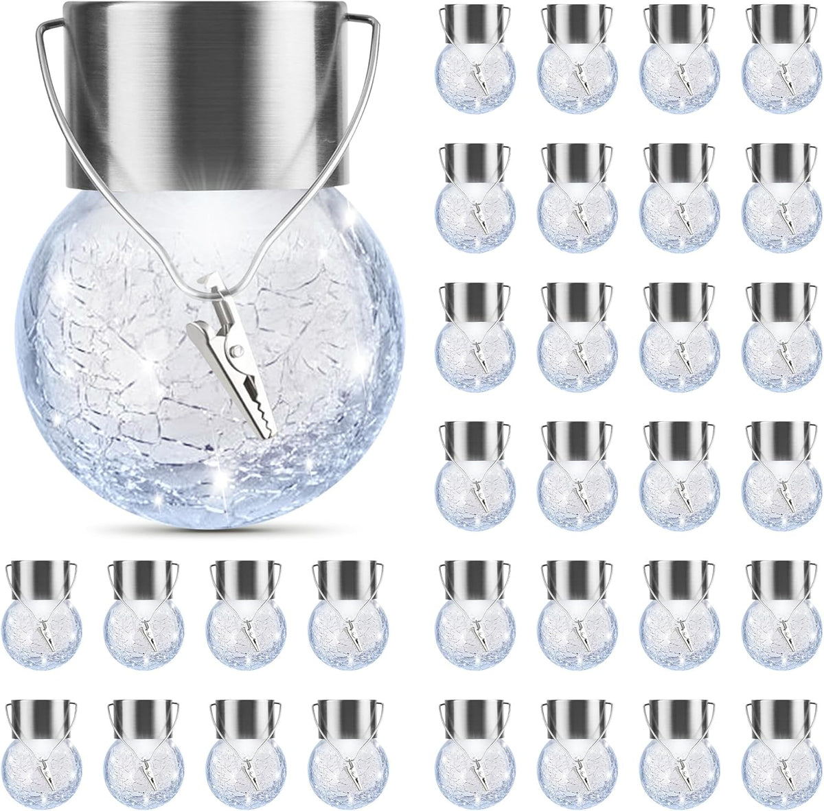 PARTPHONER 32 Pack Hanging Solar Lights Outdoor, Waterproof Solar Globe Lantern with Handle and Clip, Decorative Cracked Glass Ball Lights for Christmas Decor, Tree, Yard, Garden, Patio (Cold White)