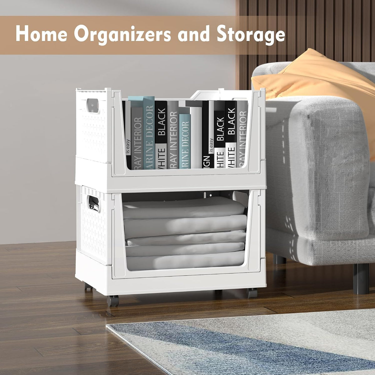 Stackable Plastic Storage Basket, 3 Pack Foldable Closet Organizers and Storage Bins with Wheels, Collapsible Drawer Shelf Storage Box Container for Office Bedroom Closet Wardrobe Kitchen Bathroom - Field & Nook