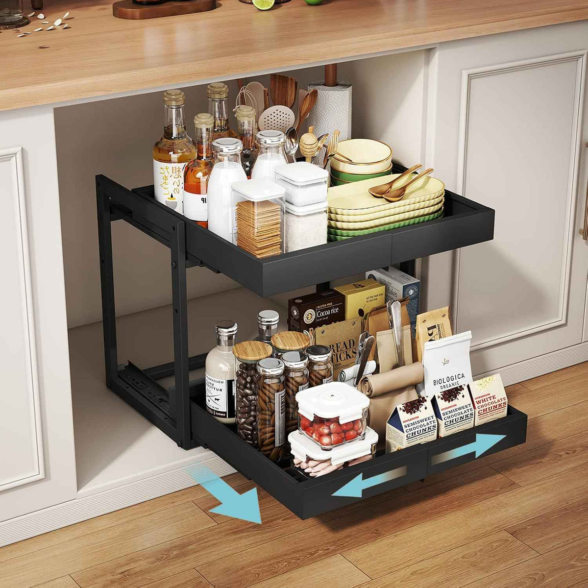 2-Tier Expandable Pull Out Cabinet Organizer, 16"D, Black