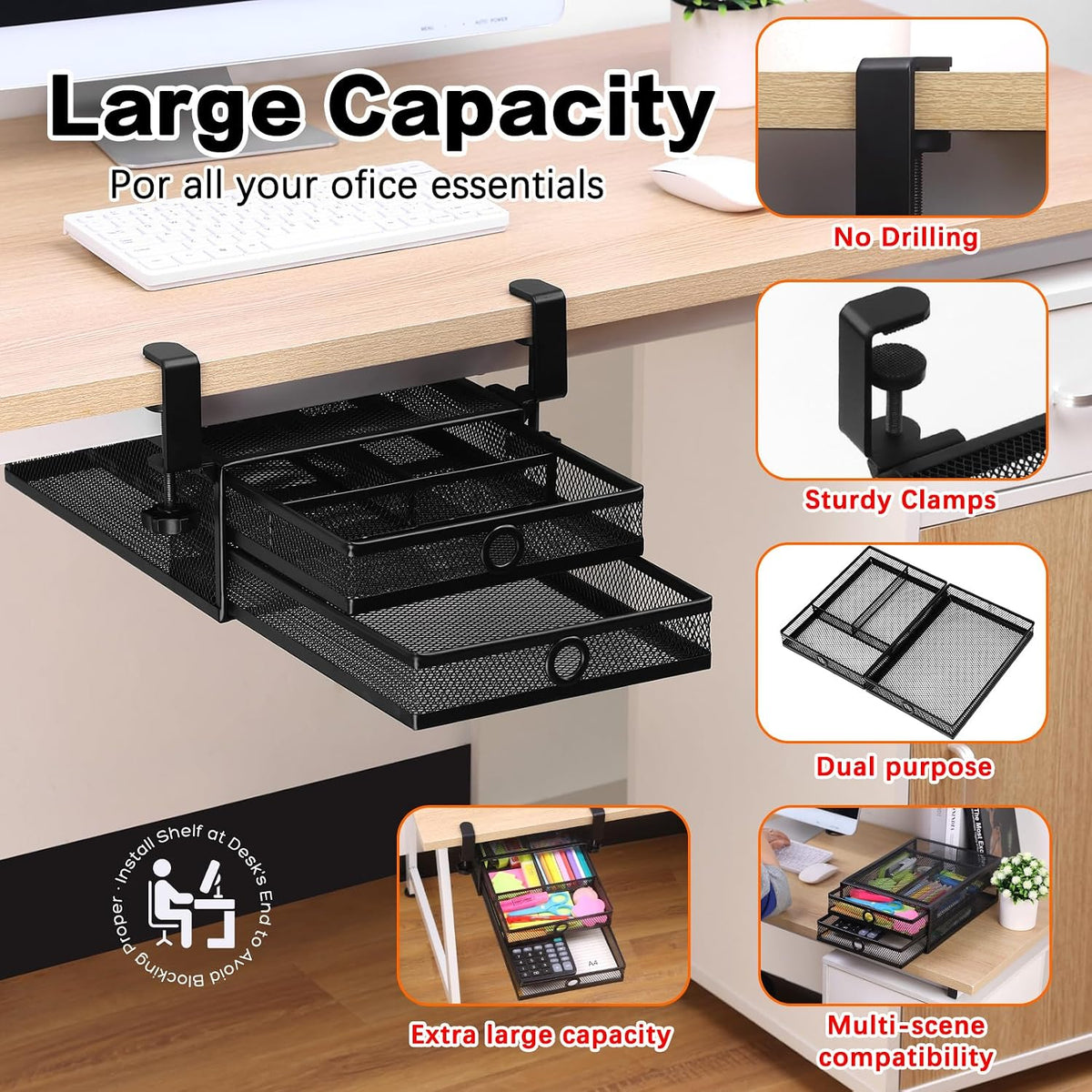 ROSYLINE Under Desk & Desktop Drawer Organizer, 2-Tier Big Capacity | Steel Construction, Clip-On No Drill Installation, Fits A4 Paper, for Office & Household Supplies - Field & Nook