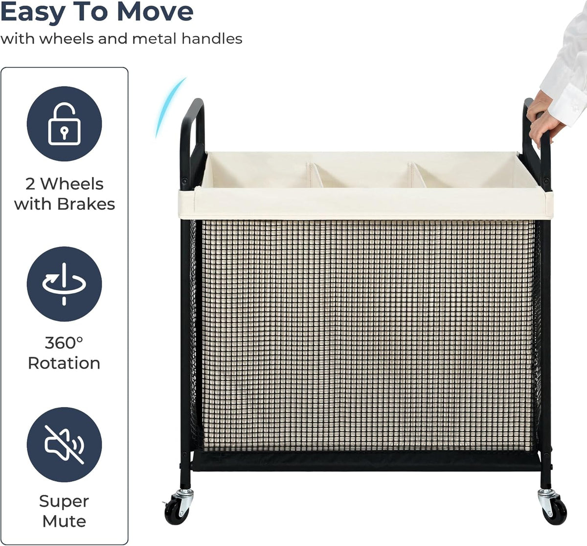 120L 3-Section Rolling Laundry Sorter with Washable Bags - Field & Nook